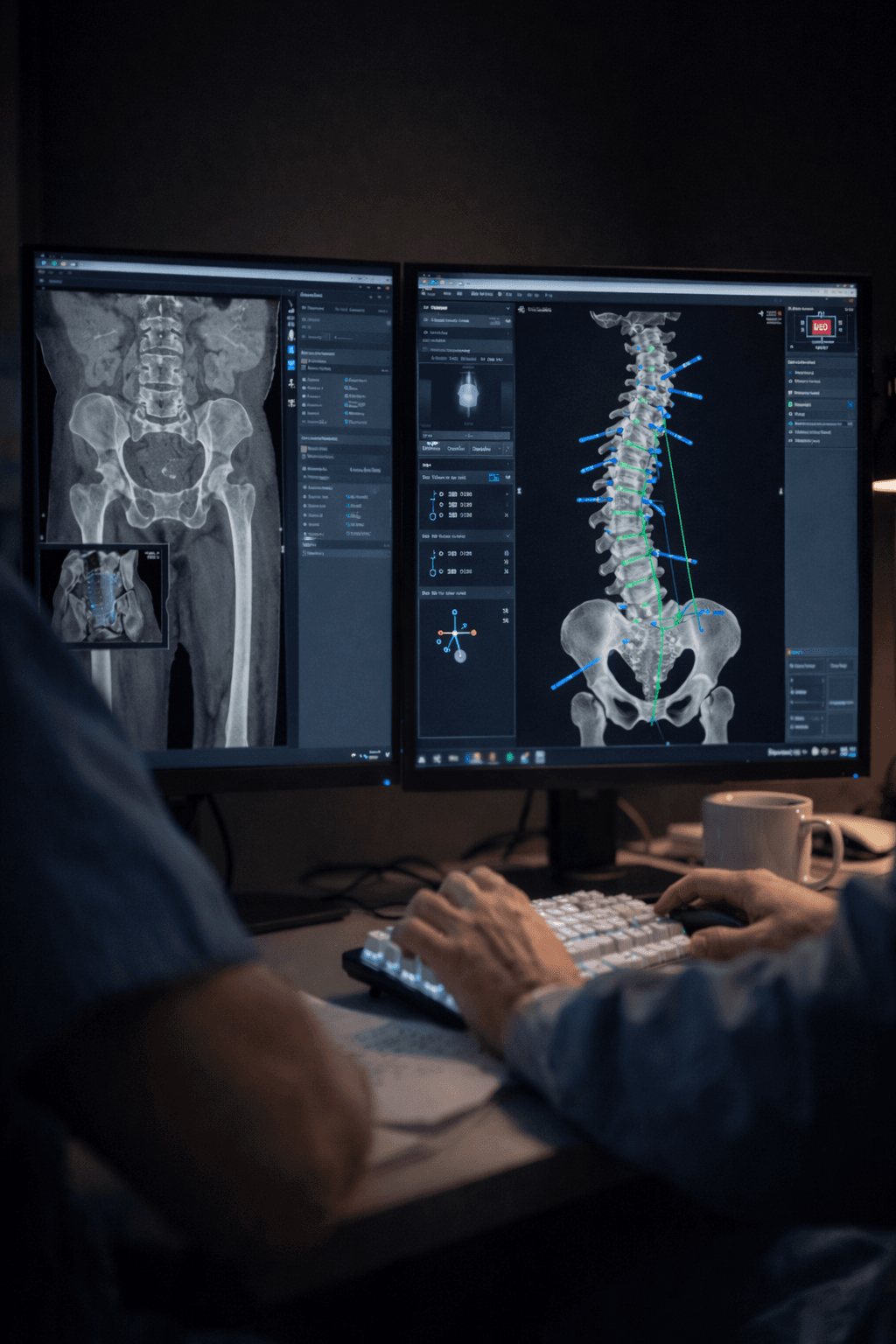 Spine surgeons reviewing 3D spinal reconstruction on dual monitors