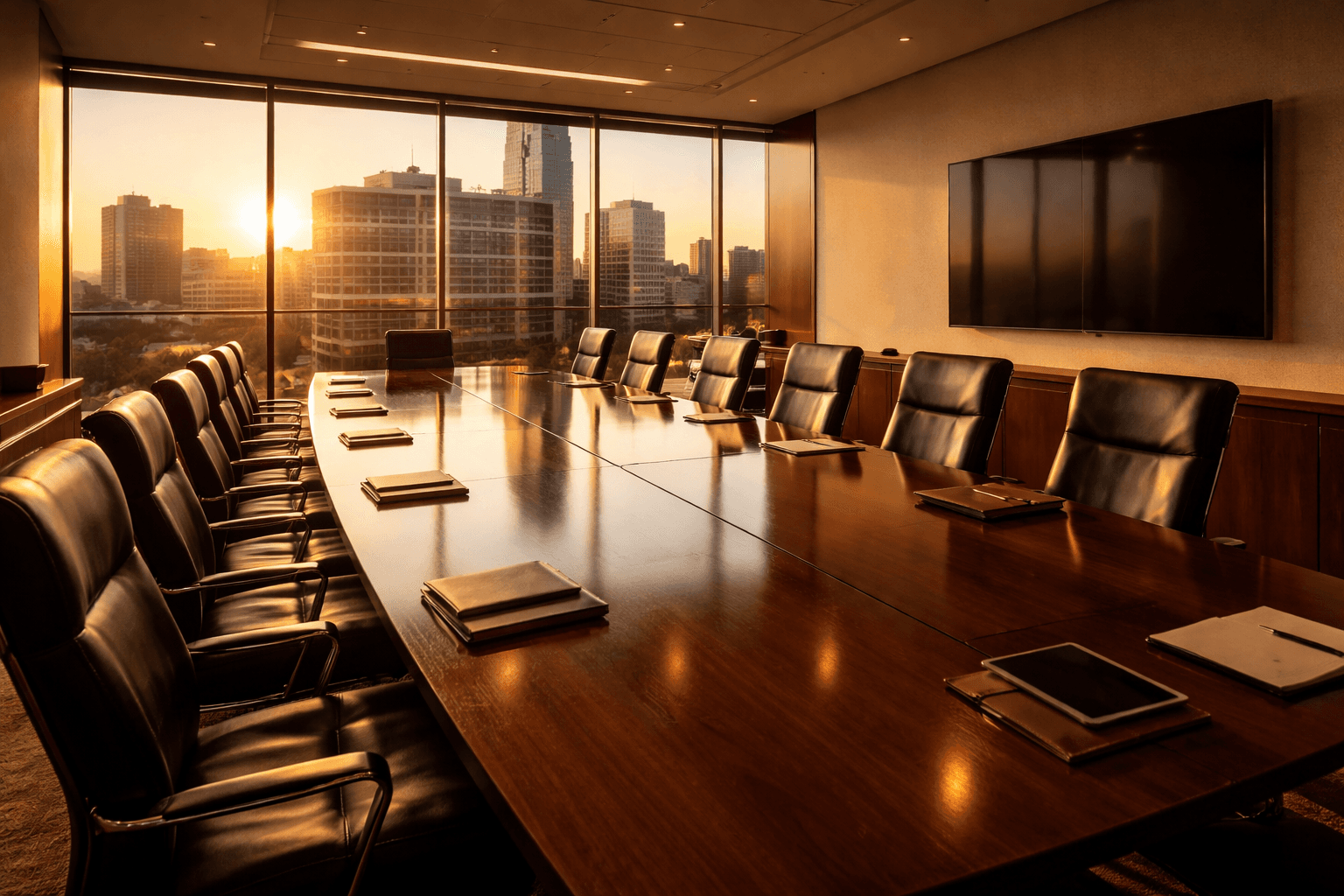 Modern conference room in an academic medical center at golden hour