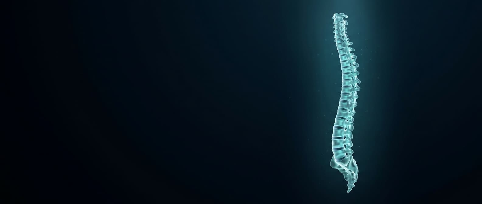 Luminous three-dimensional visualisation of a human spinal column, from the neck down to the sacrum