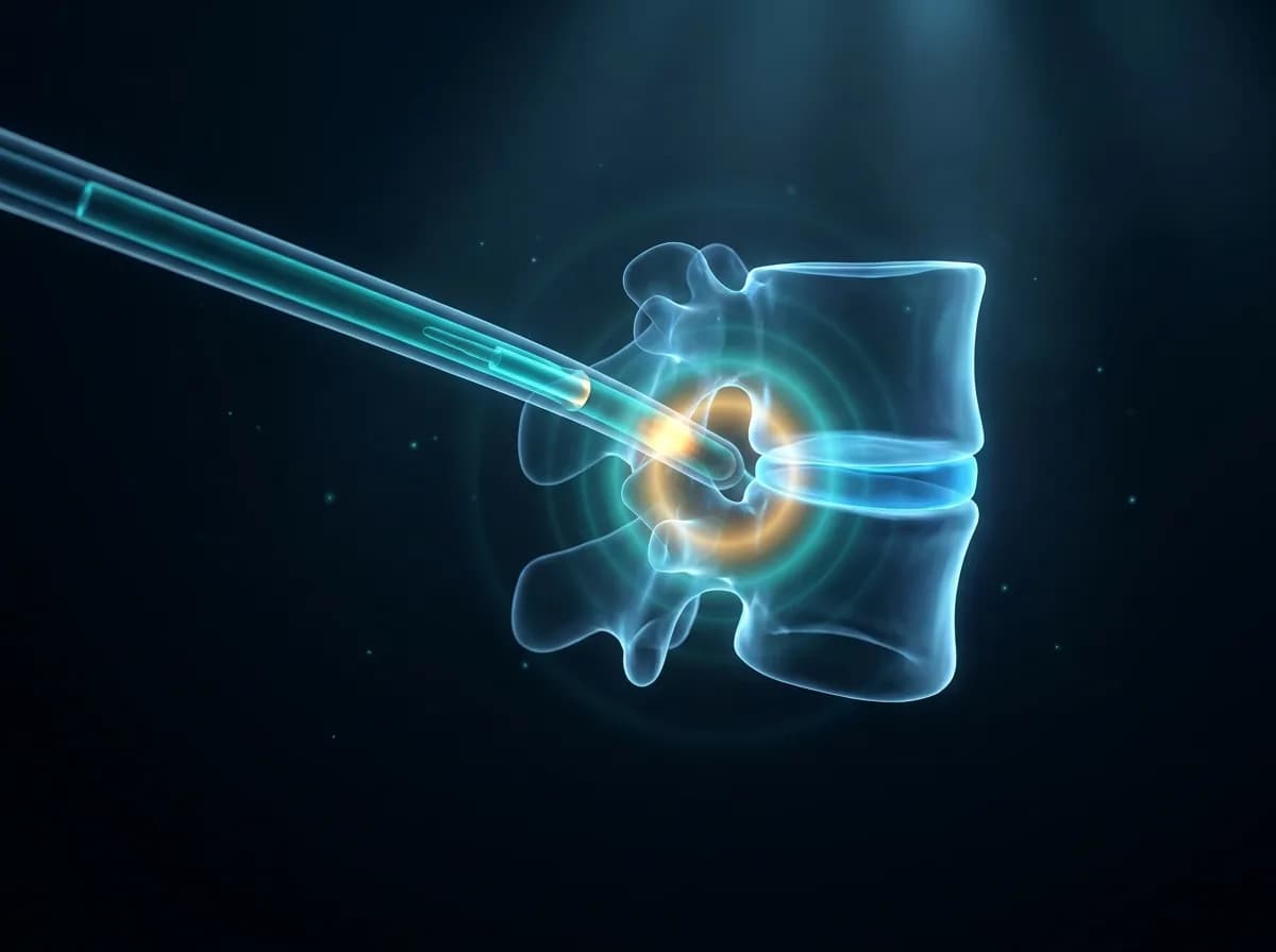 A radiofrequency probe at a facet joint with a halo of light at the tip