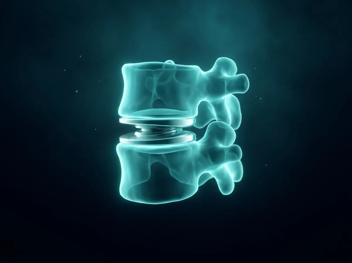 An artificial disc implant seated in the disc space between two cervical vertebrae