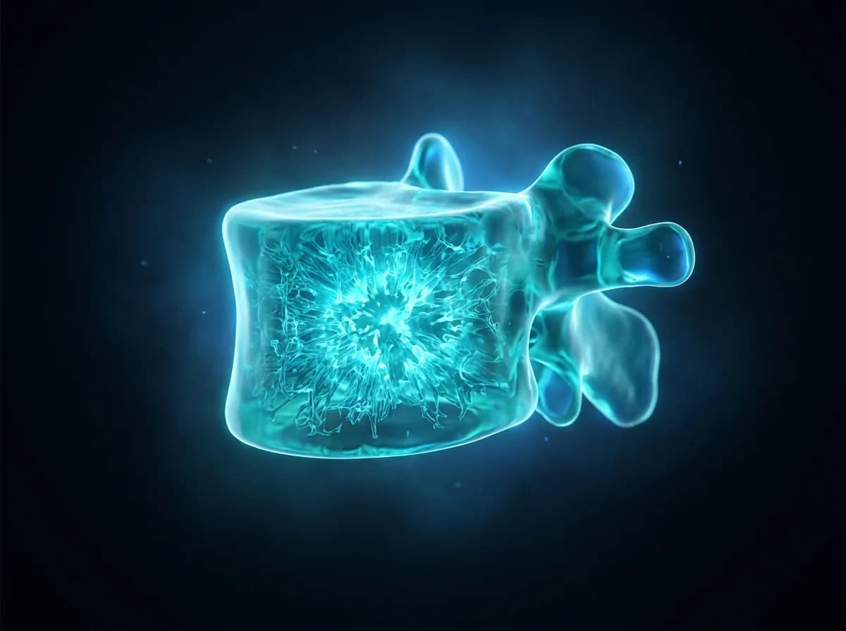 A collapsed vertebral body filled with luminous bone cement restoring its height