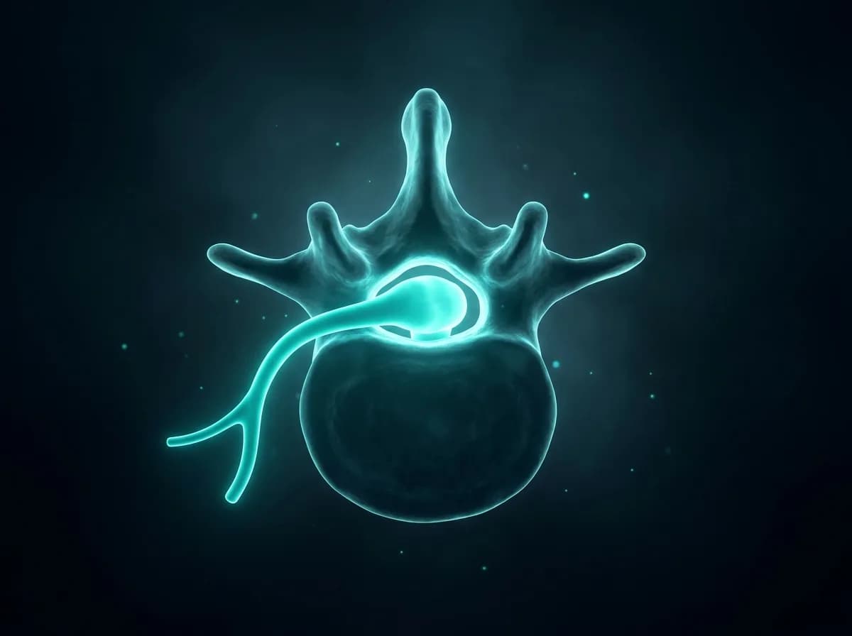 Cross-section of a lumbar vertebra with the spinal canal open and a nerve root passing freely through it