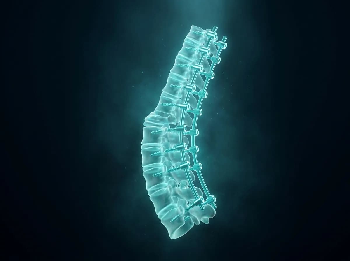 A curved scoliotic spine straightened by paired rods and pedicle screws running its length