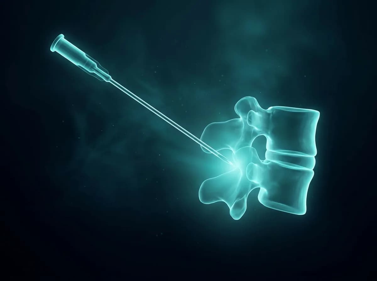 A fine needle angled toward a vertebra with light blooming at its tip