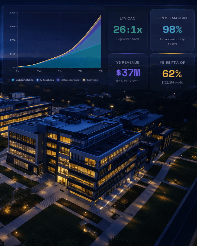 Modern medical campus at dusk