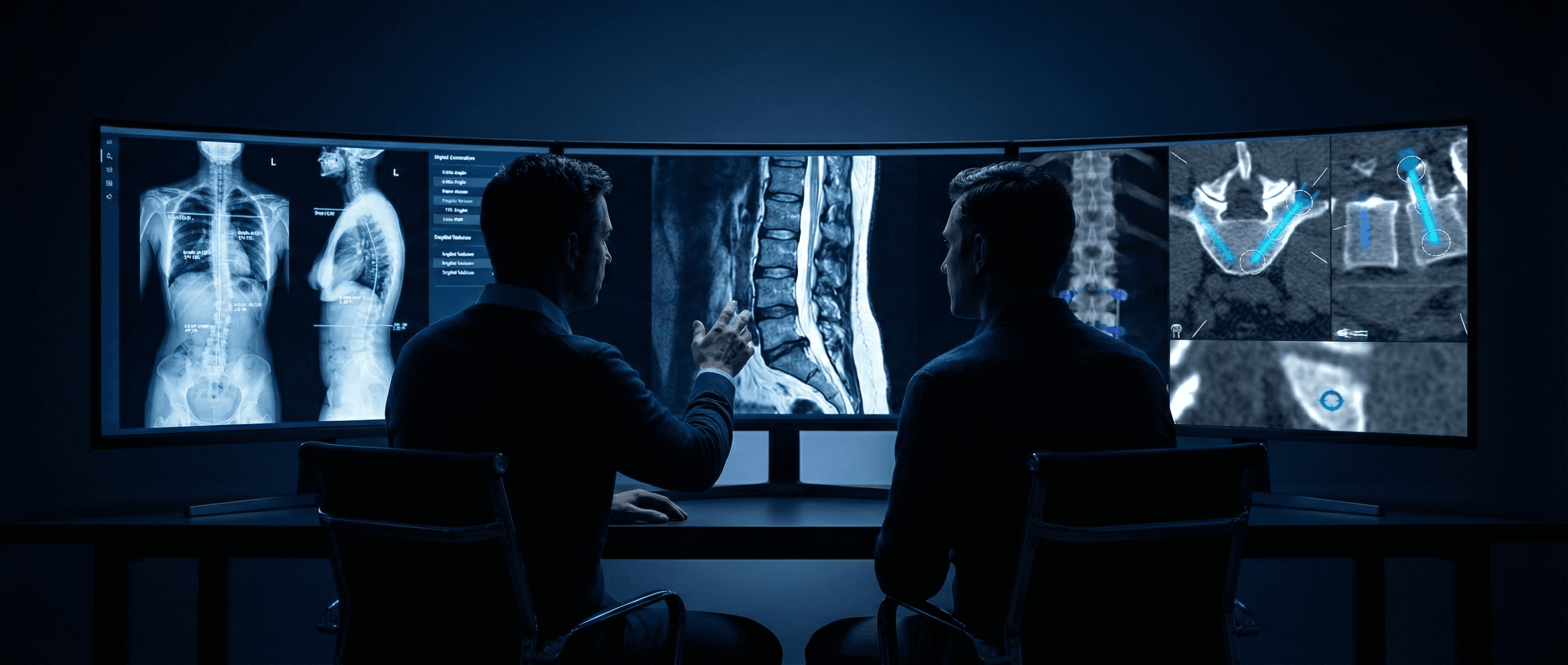 Surgeon analyzing spinal data on ultrawide monitors
