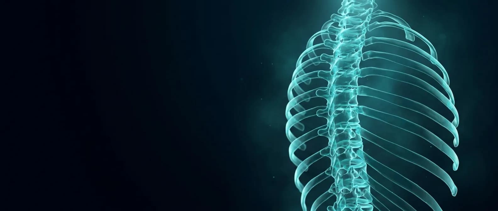 Luminous visualisation of the twelve thoracic vertebrae with the proximal stubs of the attached ribs