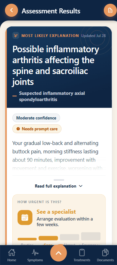 The SpineSense assessment results screen on a phone. It is headed 'Most likely explanation — possible inflammatory arthritis affecting the spine and sacroiliac joints', tagged 'suspected inflammatory axial spondyloarthritis', labelled moderate confidence and 'needs prompt care', and carries an urgency panel reading 'See a specialist — arrange evaluation within a few weeks'.